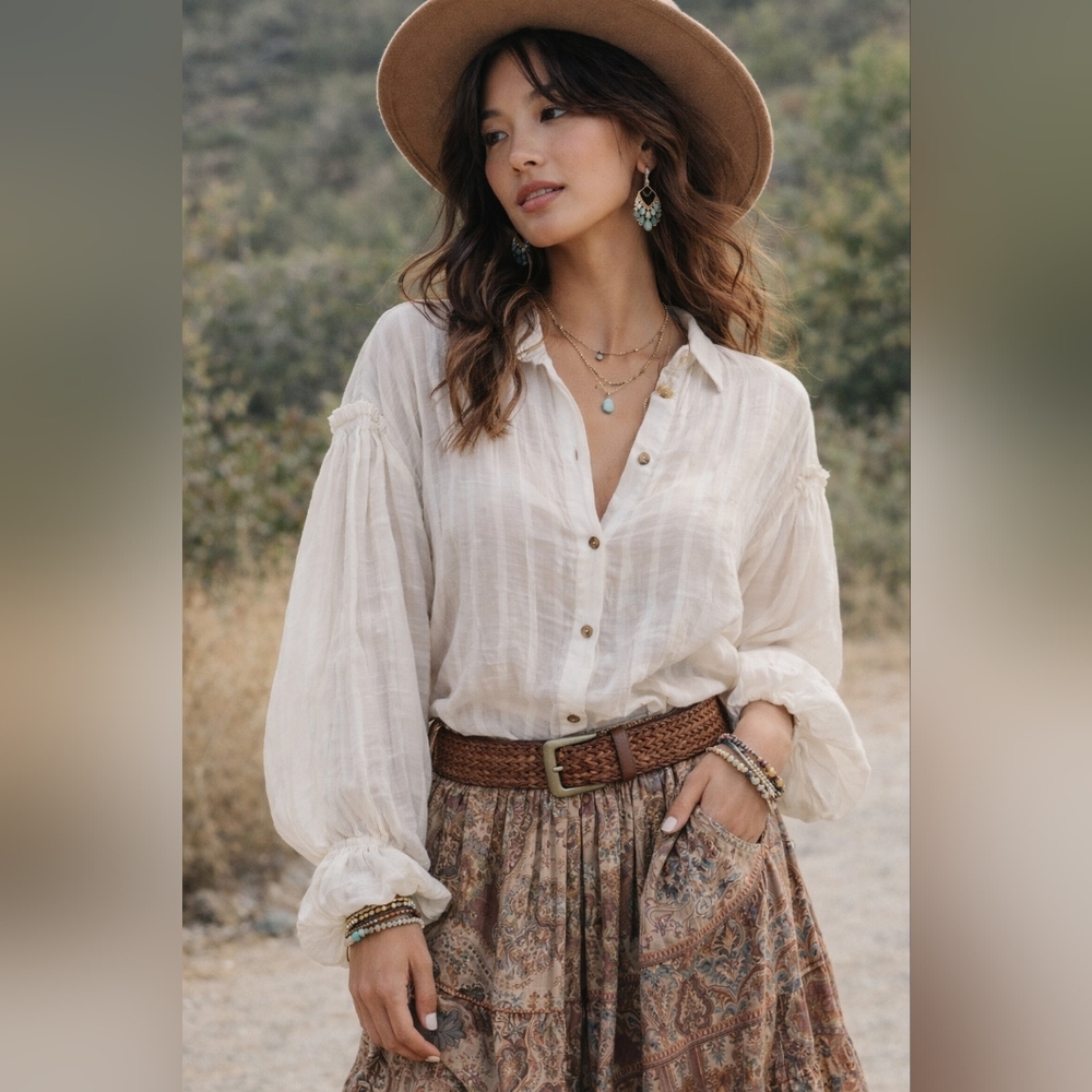 Free People Headed to the Highlands Oversized Shirt in Peach Size L.